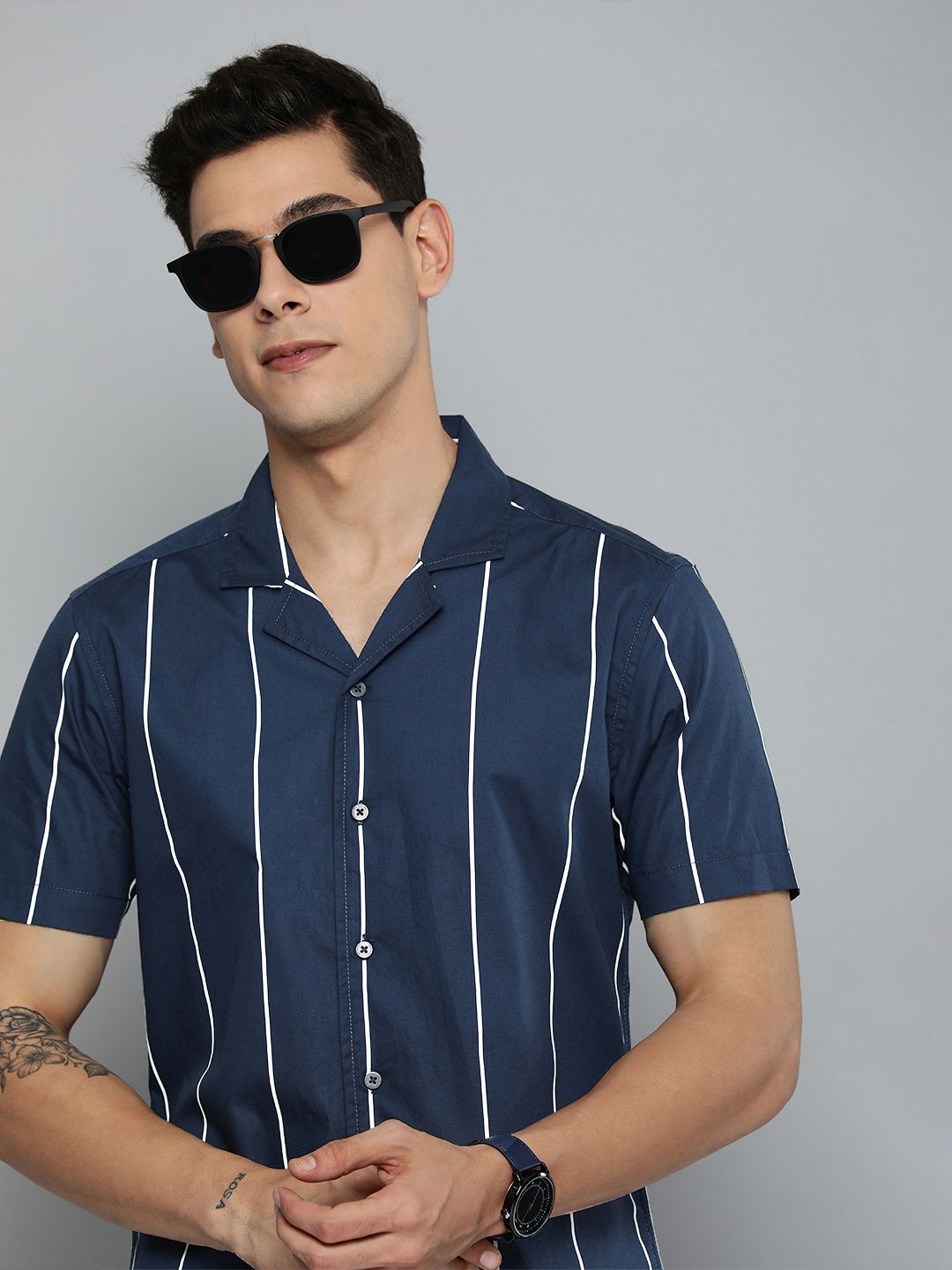 Harvard Men Navy Blue & White Striped Casual Pure Cotton Shirt-image-49