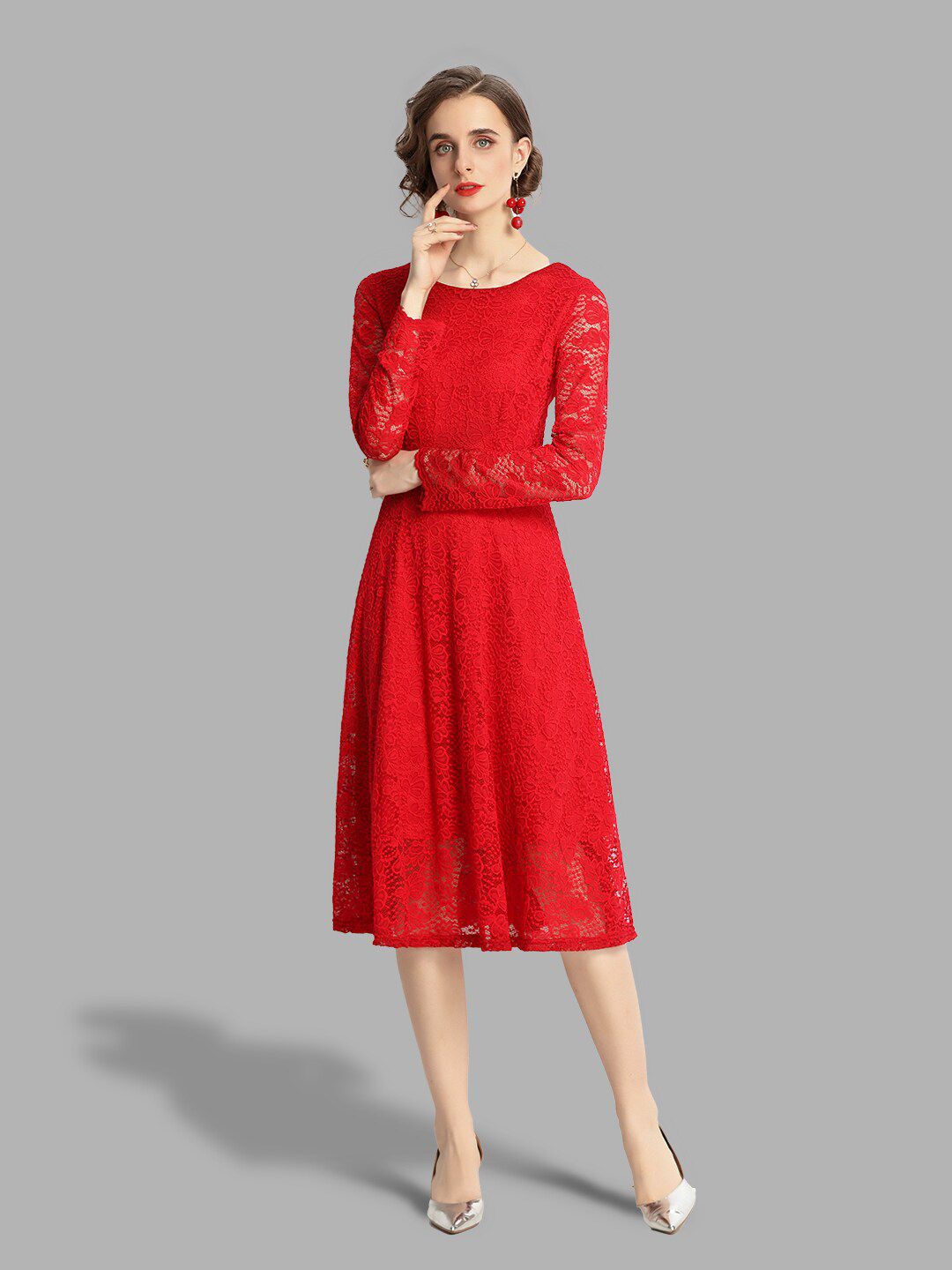 JC Collection Women Red Floral Self Design Midi Dress-picture-46