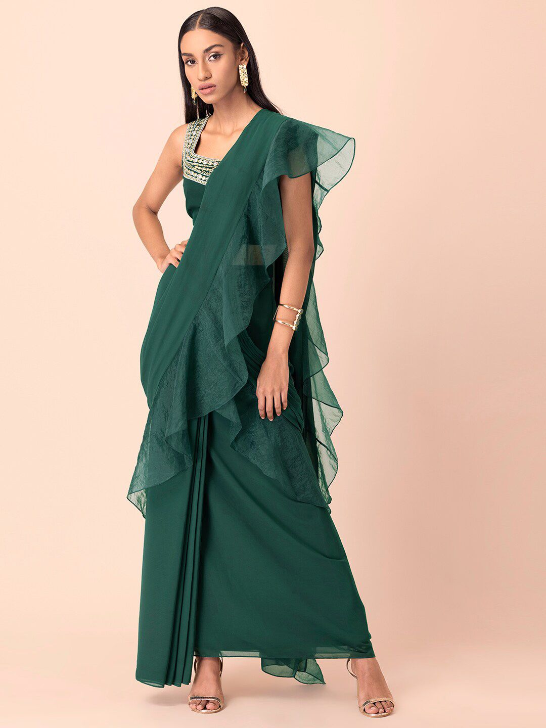 INDYA Green Solid Pre Draped Saree