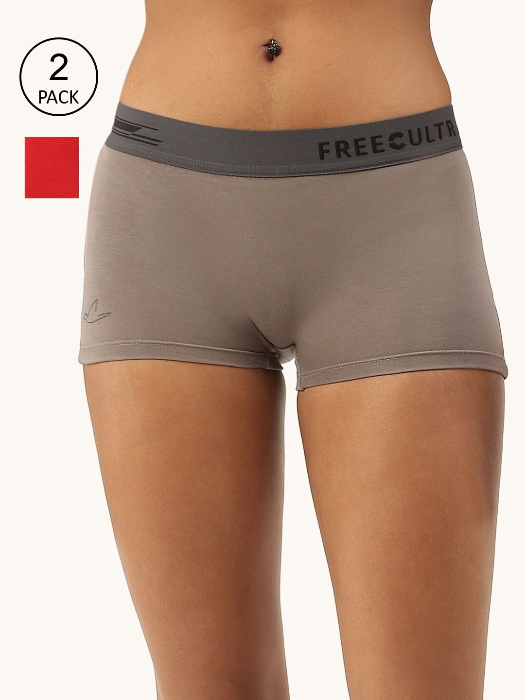 FREECULTR Women Pack of 2 Grey & Red Solid Anti Bacterial Boy Shorts-picture-57