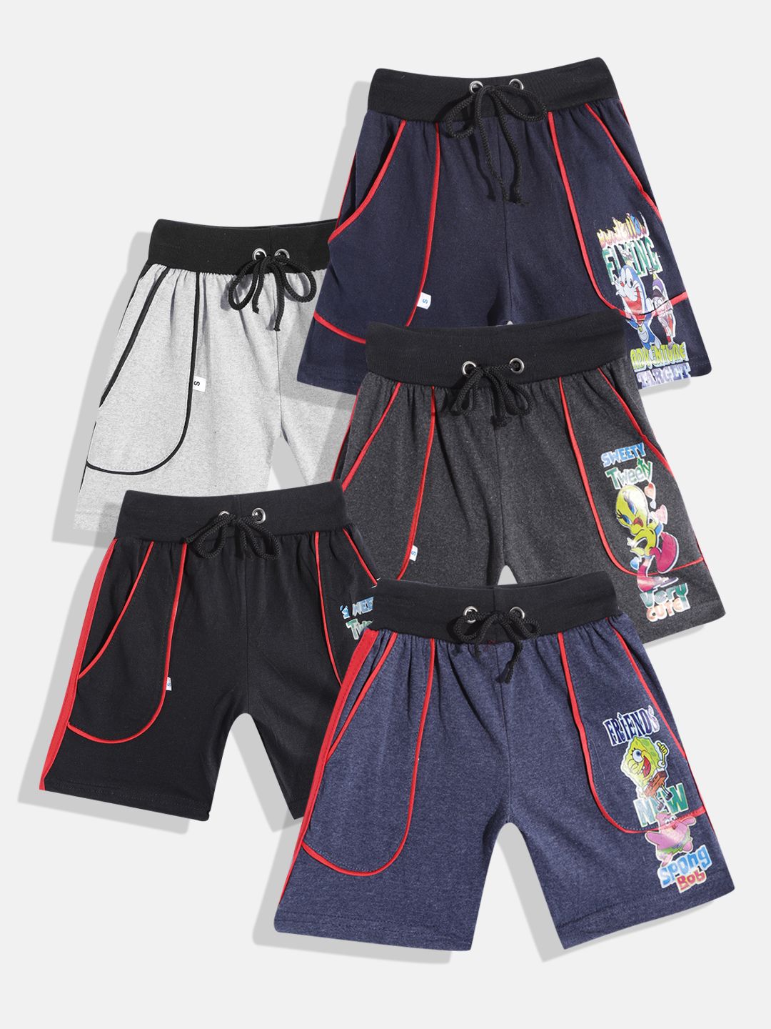 MANZON Unisex Kids Pack Of 5 Grey Cotton Printed Shorts-picture-48