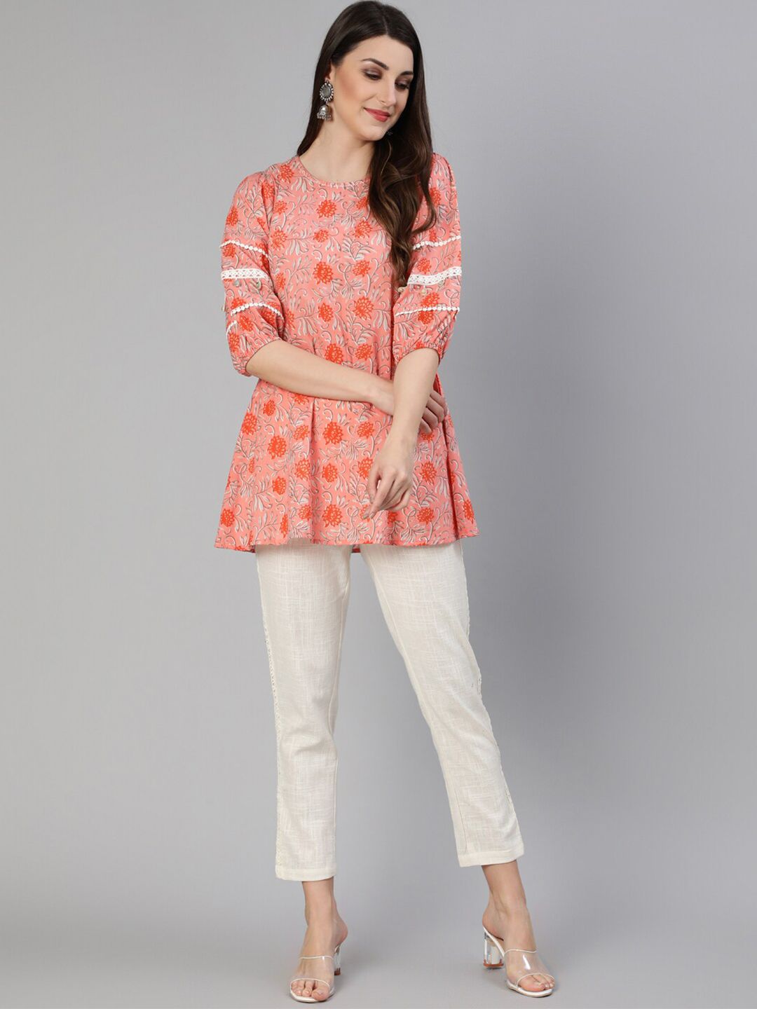 Jaipur Kurti Pink & Grey Floral Printed Pure Cotton Empire Kurtis