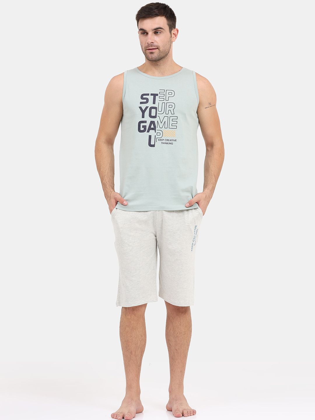 Masculino Latino Men Mint Green & Grey Melange Printed Pure Cotton Night suit-image-26