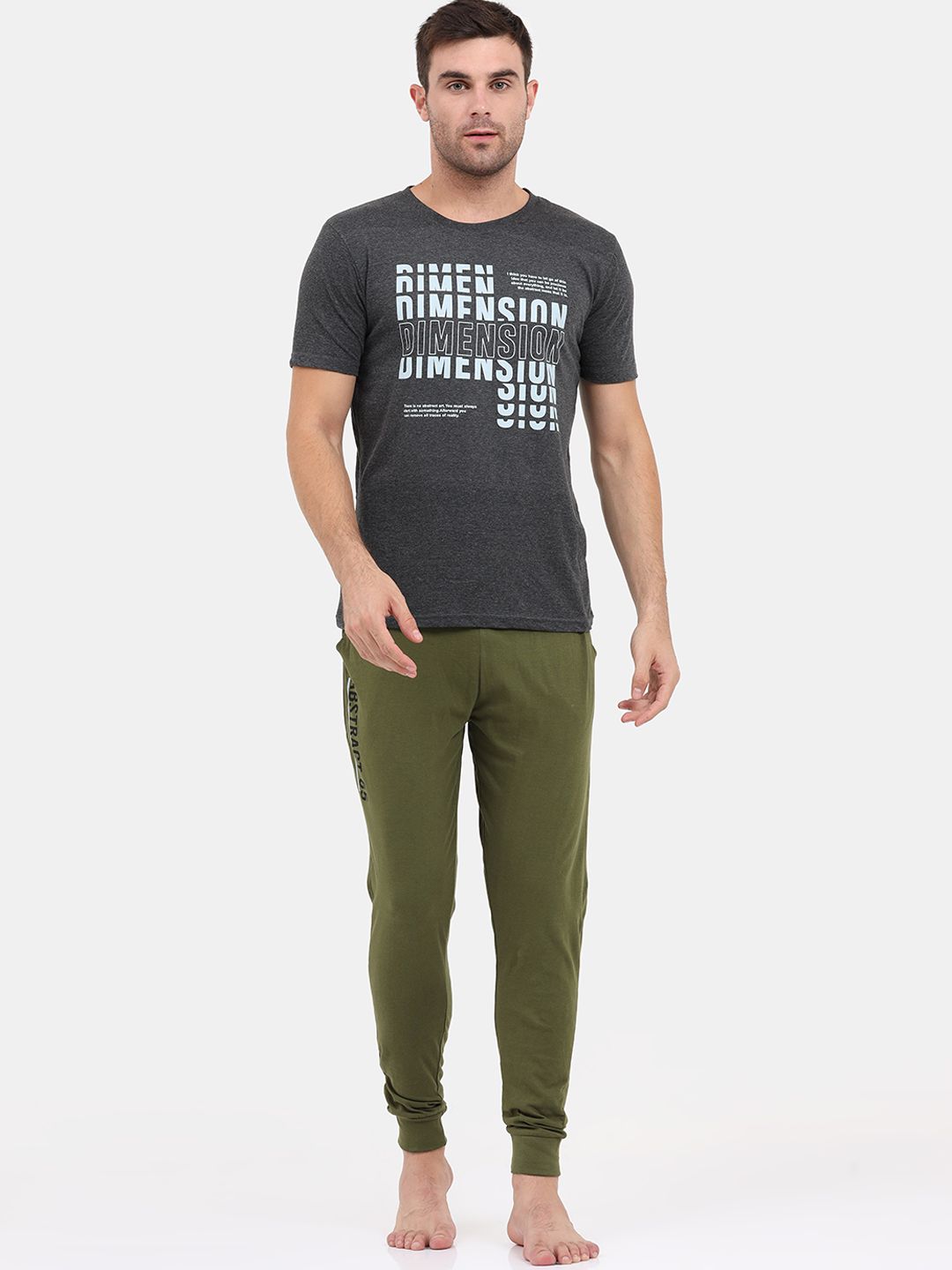 Masculino Latino Men Charcoal Grey & Olive Green Printed Pure Cotton Night suit-image-20
