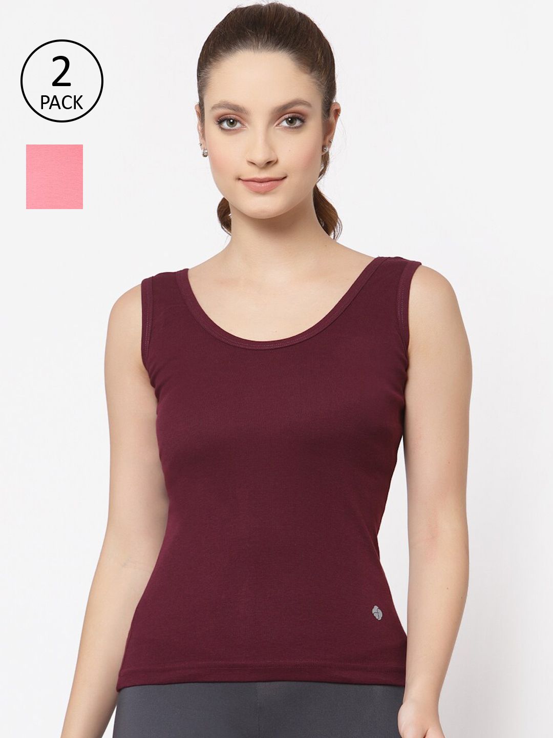 Floret Women Rose & Burgundy Pack Of 2 Solid Cotton Camisoles-image-19