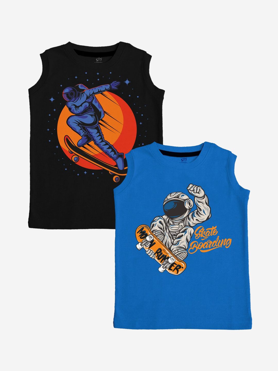 x2o Kids Pack Of 2 Blue & Black Printed Pure Cotton Basic Innerwear Vests-picture-46