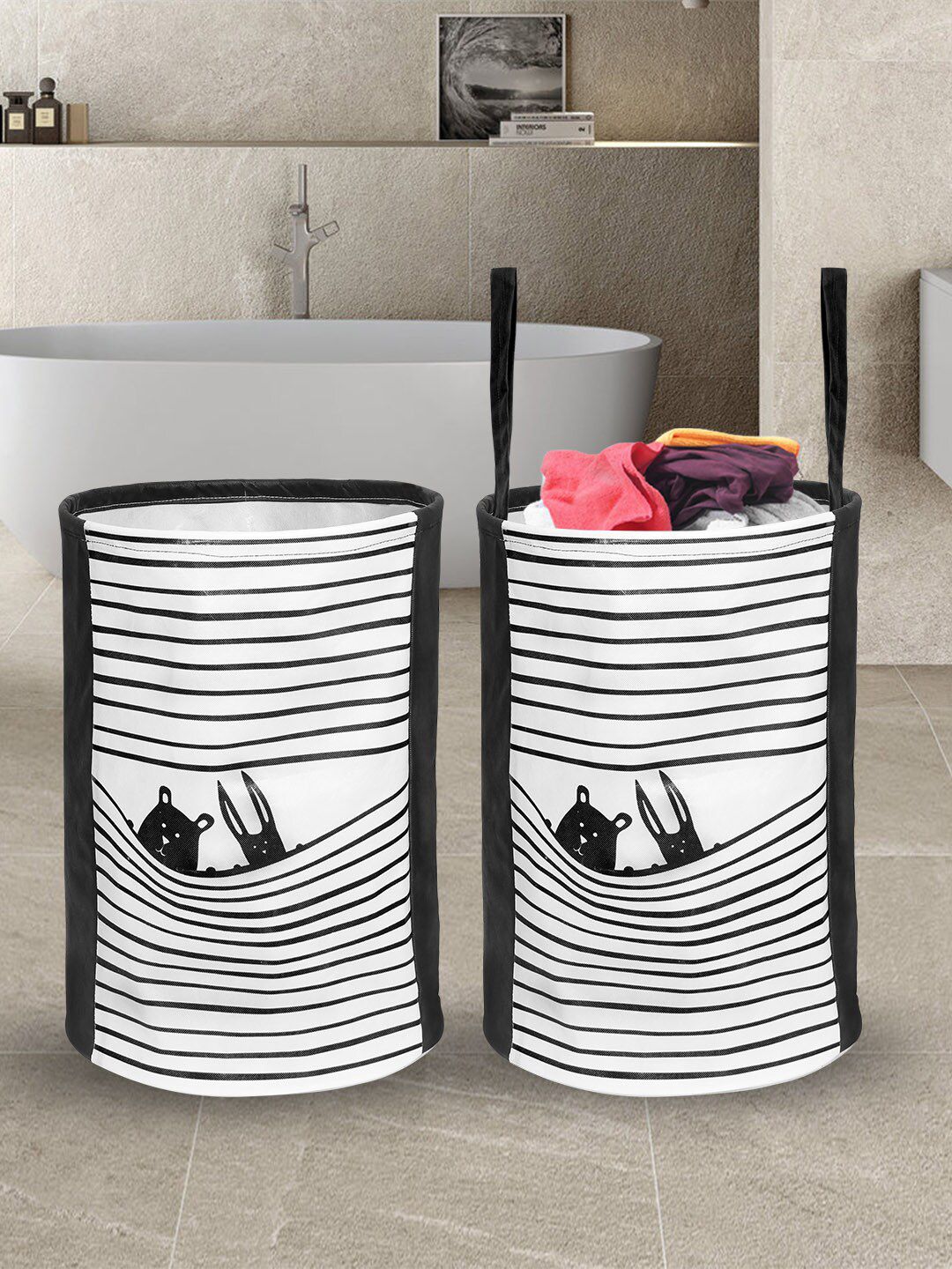 prettykrafts Set of 2 Black & White Foldable Round Laundry Baskets-image-31