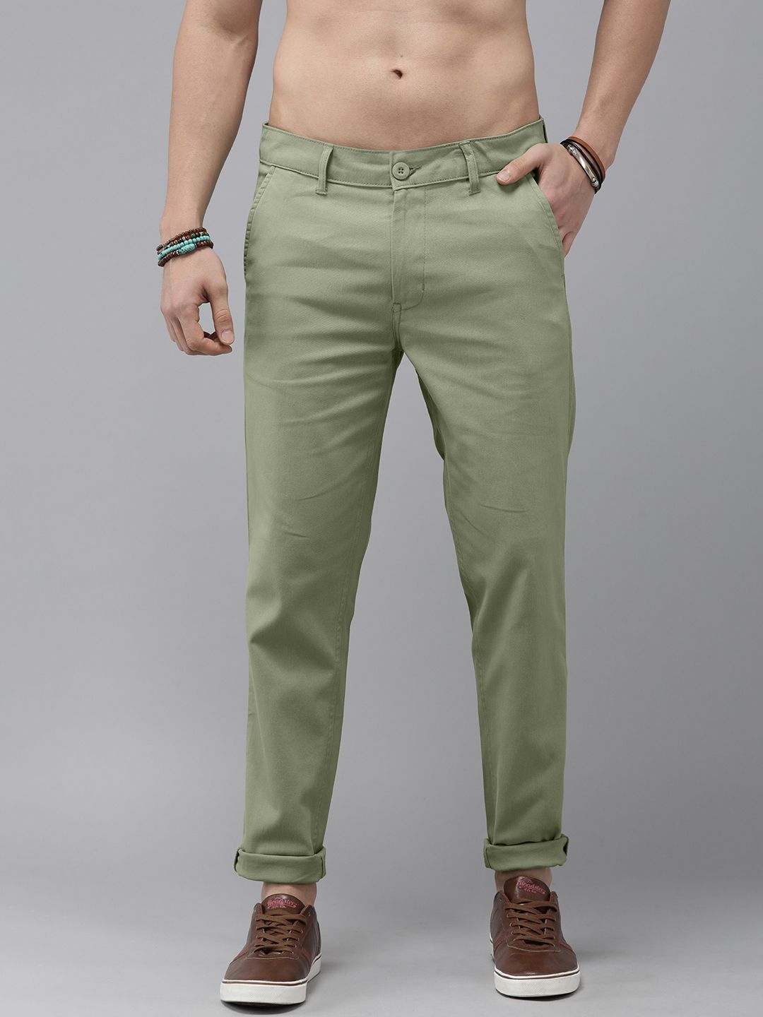 Buy Roadster Men Green Pure Cotton Slim Fit Sustainable Chinos Trousers   Trousers for Men 2363525  Myntra