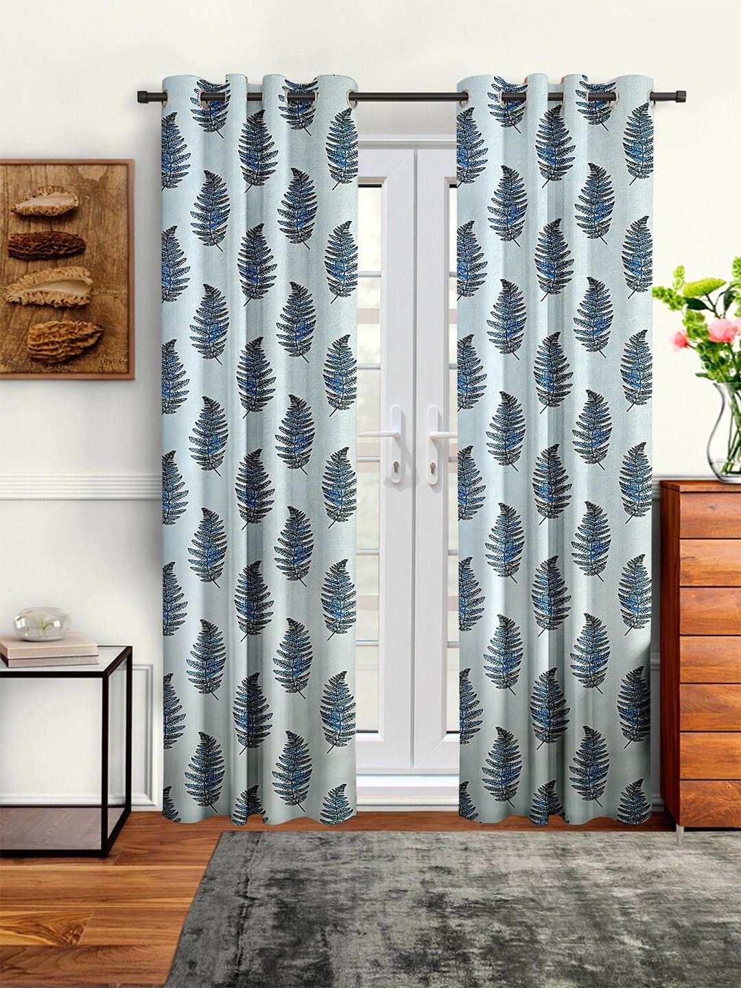 Cortina Blue & Grey Set of 2 Floral Long Door Curtains-picture-40