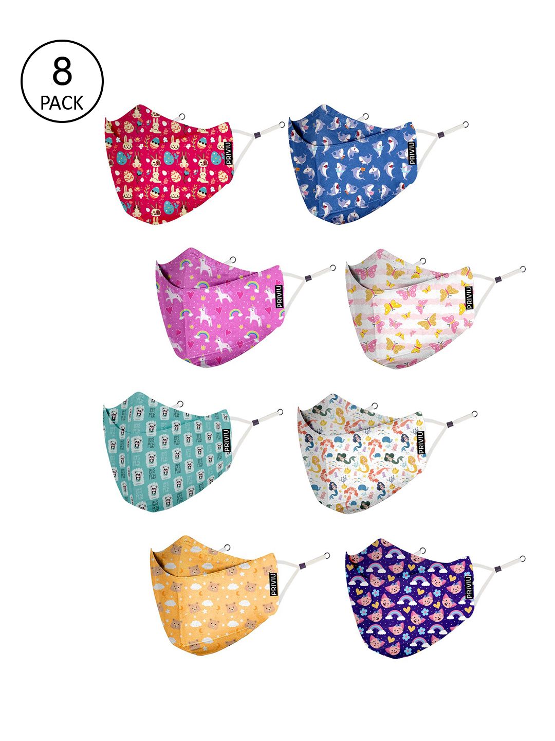PRIVIU Pack of 8 Printed Pure Cotton 4 Ply Protective Face Mask