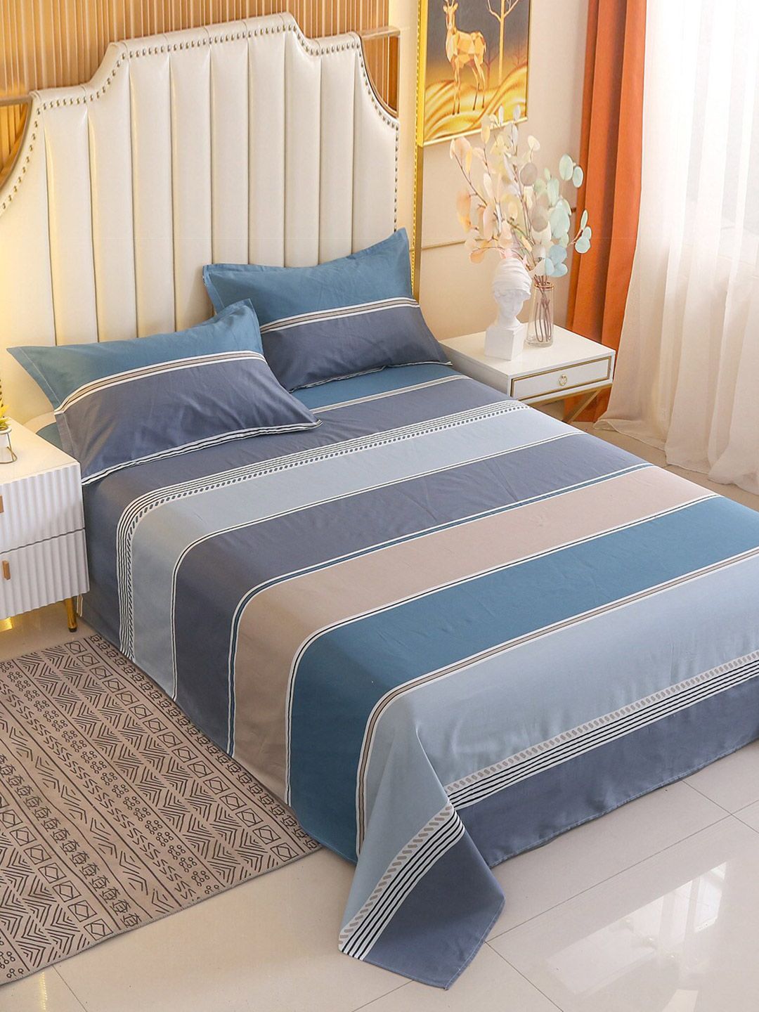 JC HOME Blue & Grey Striped 210 TC Pure Cotton Single Bedsheet-image-19