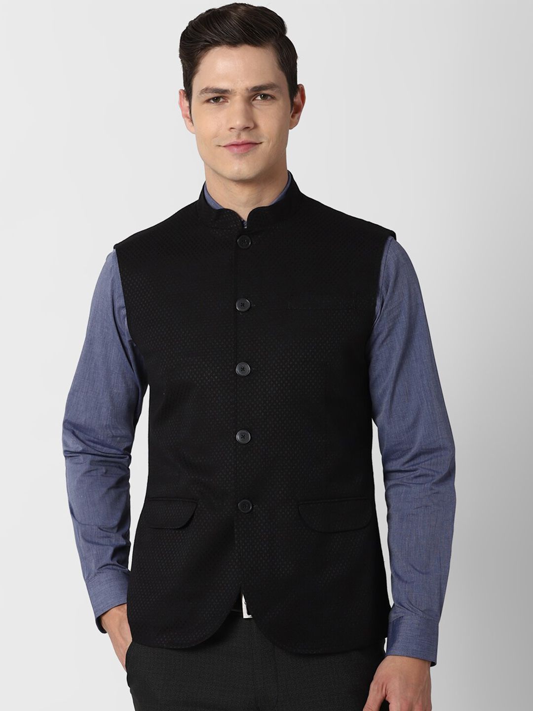 Peter England Elite Men Black Woven-Design Nehru Jacket - Price History