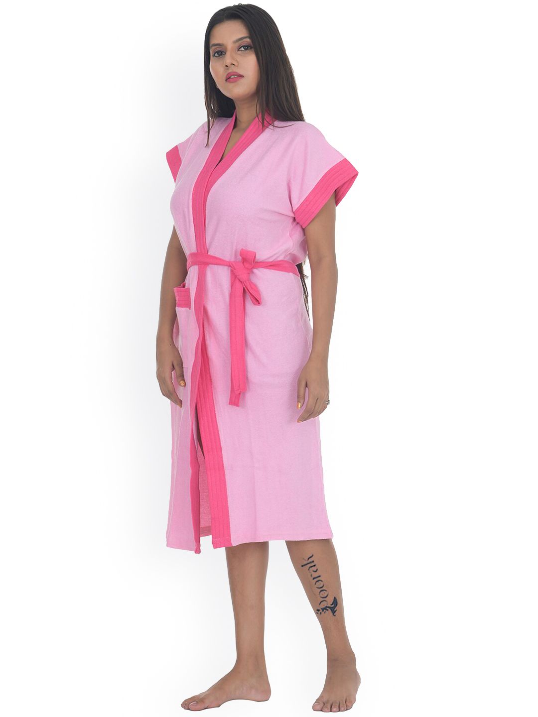 POORAK Women Pink Solid Soft Terry Cotton Bath Robe-image-2