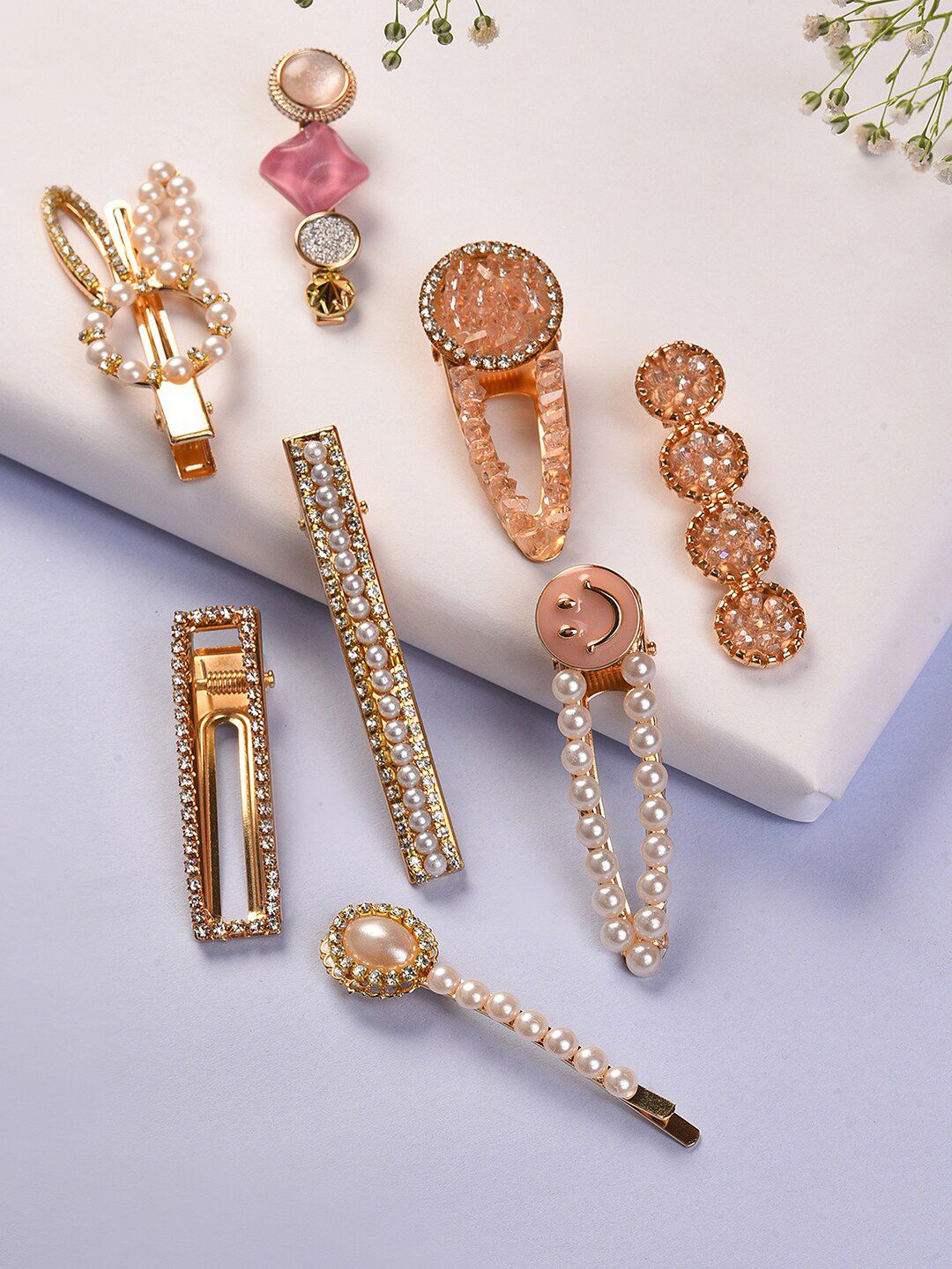 SOHI Women Gold-Toned & White Set of 8 Embellished Alligator Hair Clips-picture-41