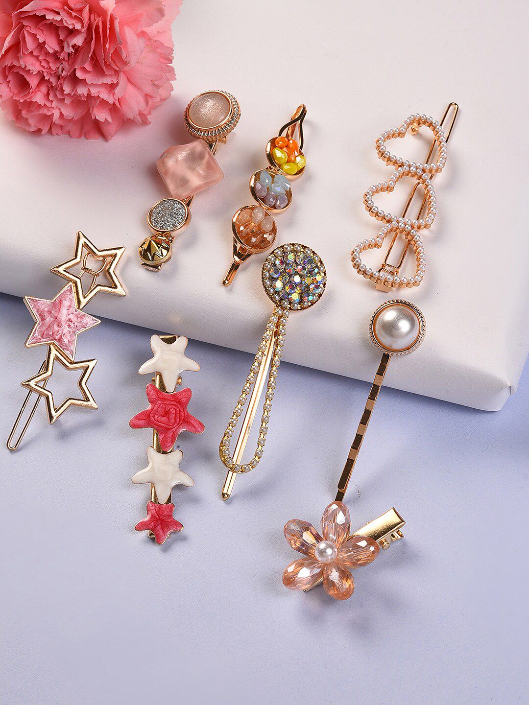 SOHI Women Pink & White Set of 7 Gold-Plated Beaded Bumpit Hair Pin-image-38