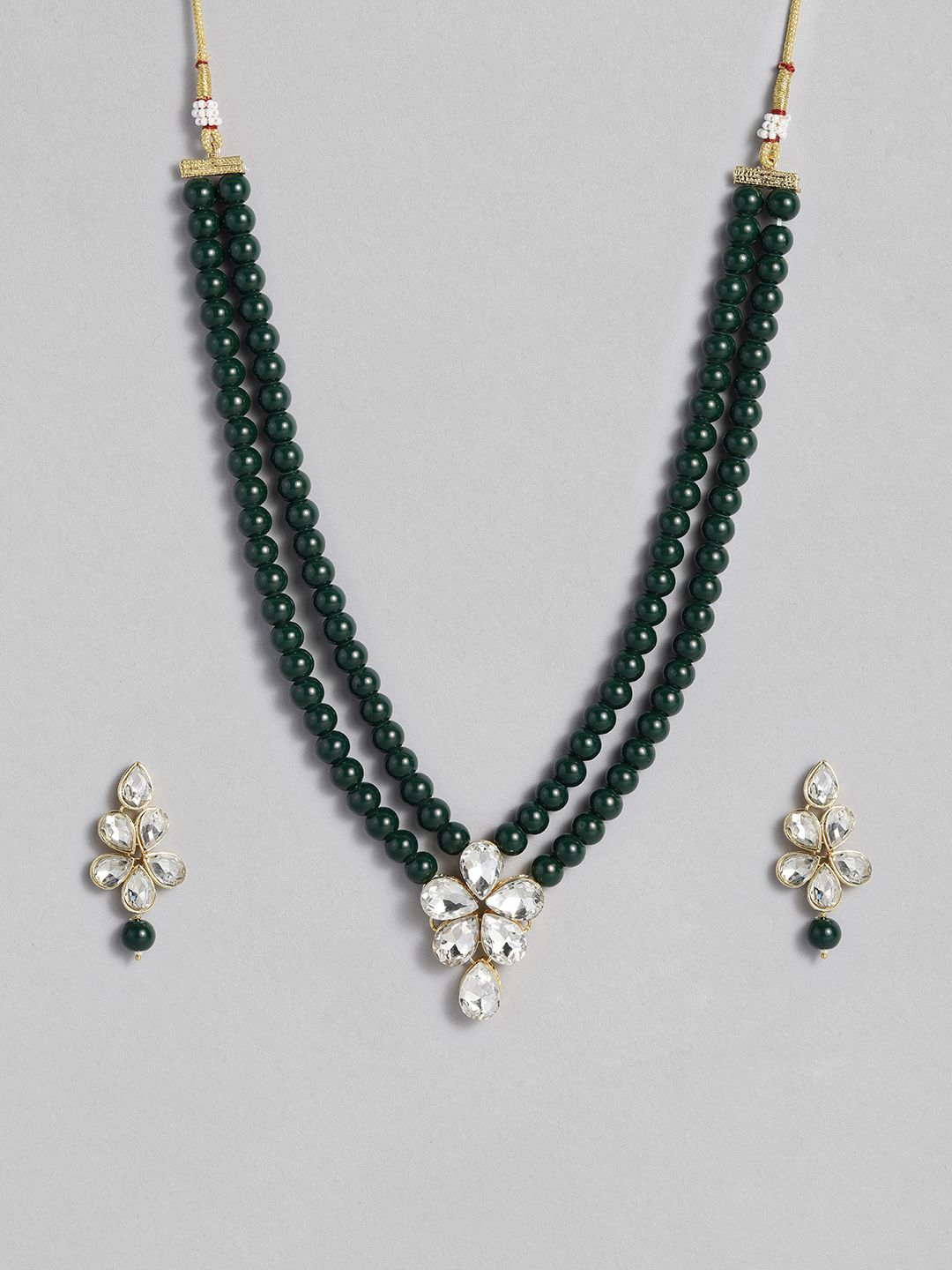 I Jewels Green & White Floral Studded Gold Plated Jewellery Set-picture-17