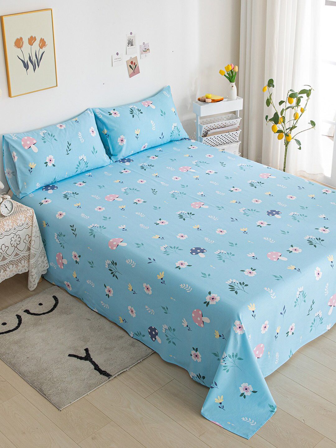 JC HOME Blue & White 200 TC King Floral Cotton Bedsheet with 2 Pillow Covers-picture-39