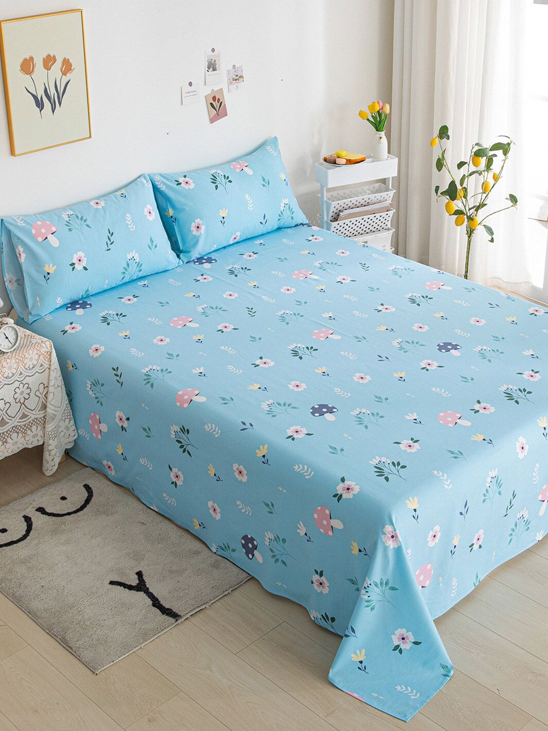 JC HOME Blue & Pink Floral 200 TC King Bedsheet with 2 Pillow Covers-picture-40