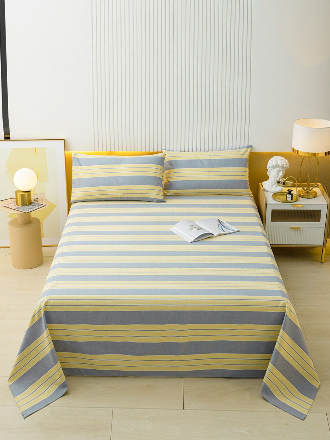 JC HOME Yellow & Grey Striped 144 TC King Bedsheet with 2 Pillow Covers-picture-25