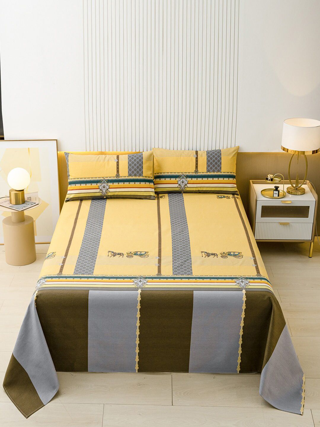 JC HOME Yellow & Grey Ethnic Motifs 144 TC King Bedsheet with 2 Pillow Covers-picture-10