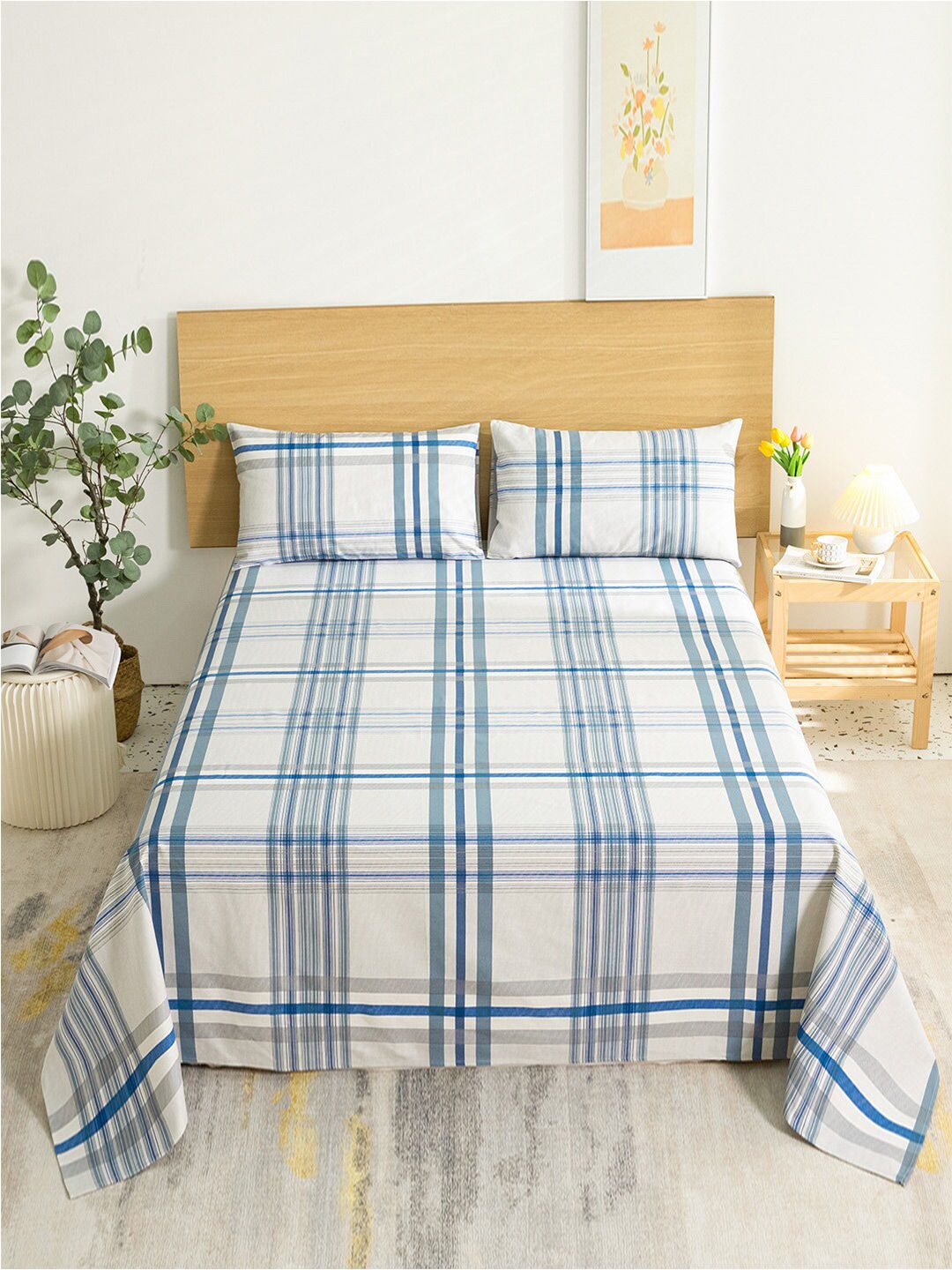 JC HOME Blue & White Striped Single Bedsheet with 1 Pillow Cover-image-24