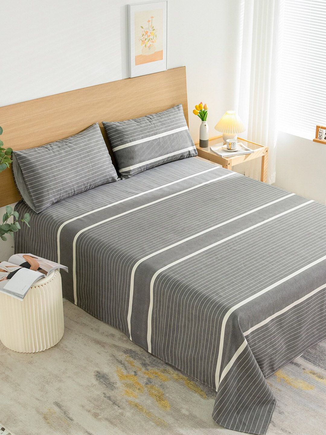 JC HOME Grey & White Striped King Bedsheet with 2 Pillow Covers-picture-18