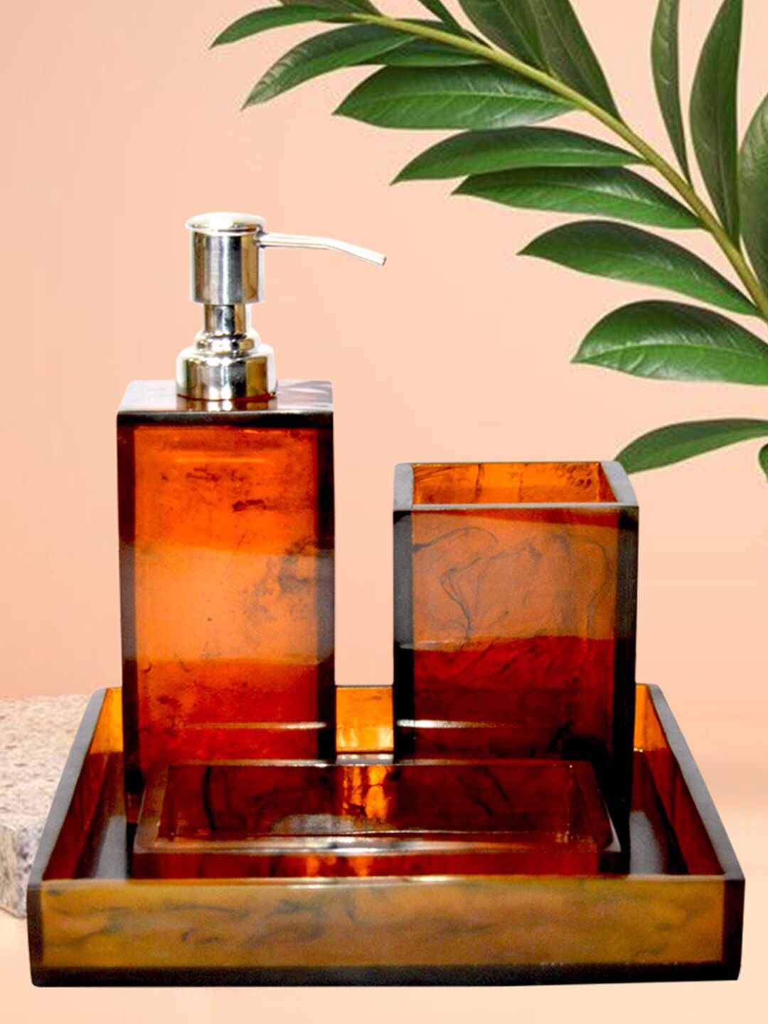 Tranquil square Set of 4 Camel Brown Glossy Bathroom Accessory Set-image-32