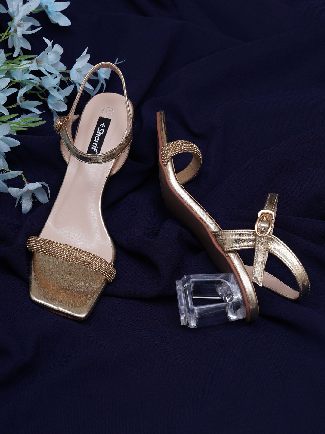 Sherrif Shoes Women Gold-Toned Embellished Party Block Heels-picture-14