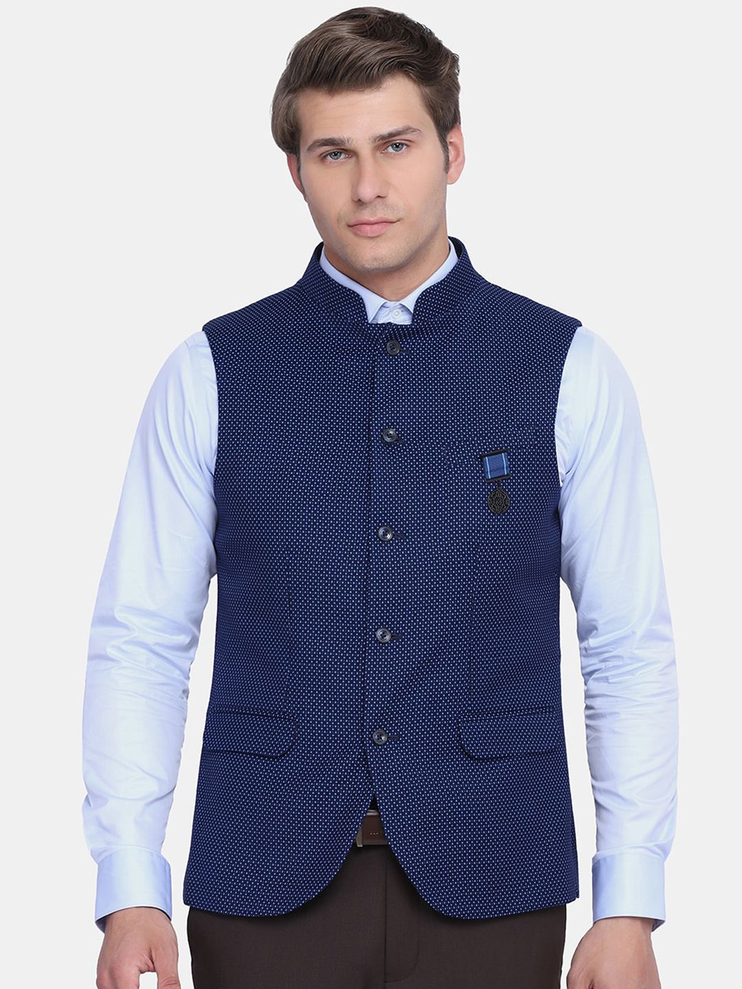 Blackberrys Men Navy Blue Woven Design Nehru Jacket-picture-14