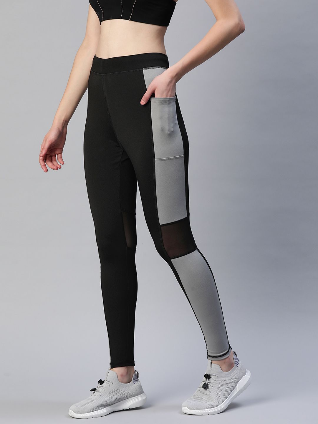 Blinkin Women Black & Grey Colourblocked Rapid Dry Tights with Mesh Panels & Side Pockets