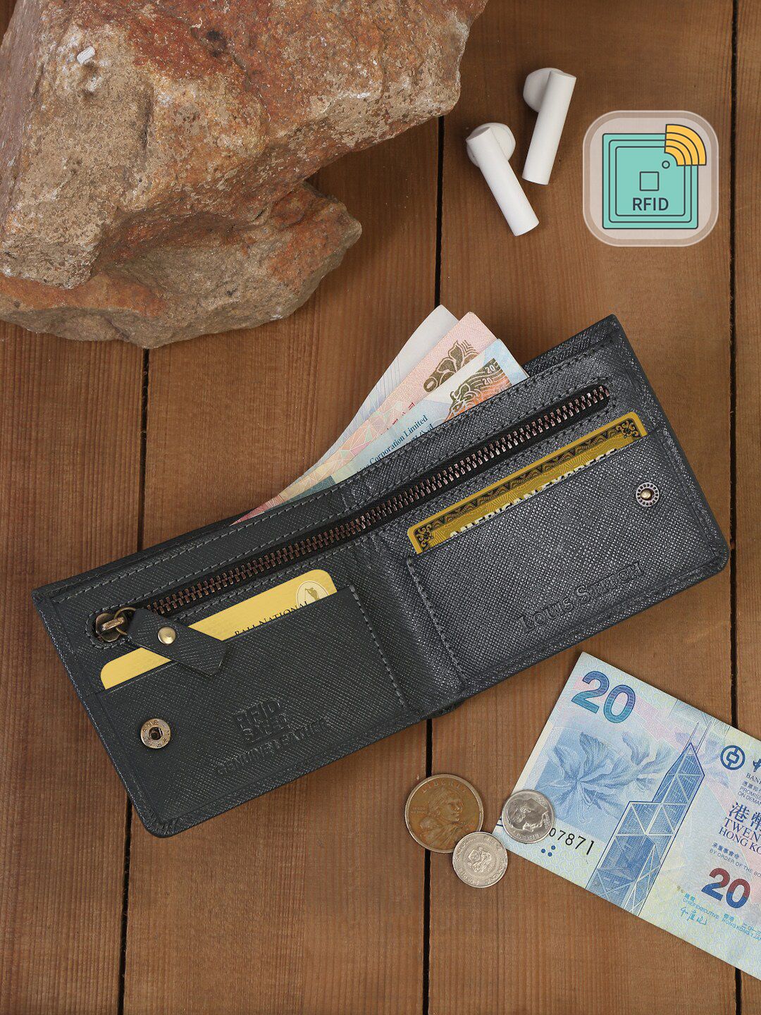LOUIS STITCH Men Grey Zip Detail Leather Two Fold Wallet-image-2