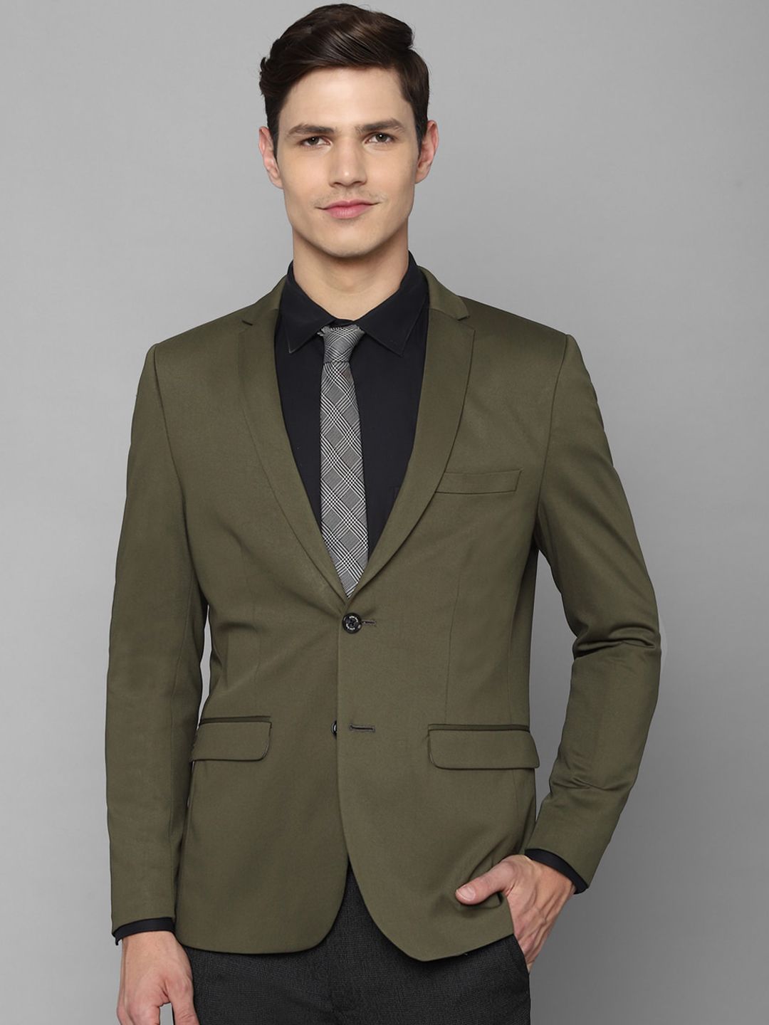 Allen Solly Men Olive-Green Solid Slim-Fit Single Breasted Blazer-picture-36