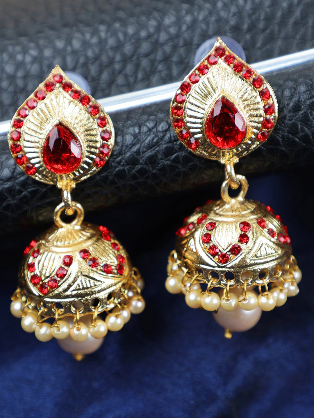 ANIKAS CREATION Gold Plated Red Contemporary Jhumkas Earrings-picture-31