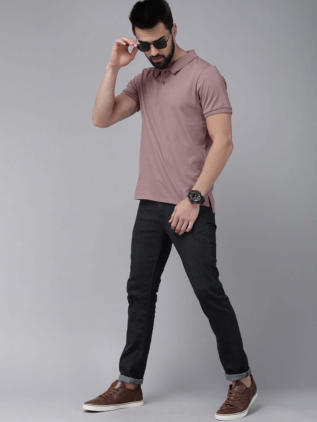 Roadster Men Mauve Solid Polo Collar Pure Cotton T-shirt-image-3