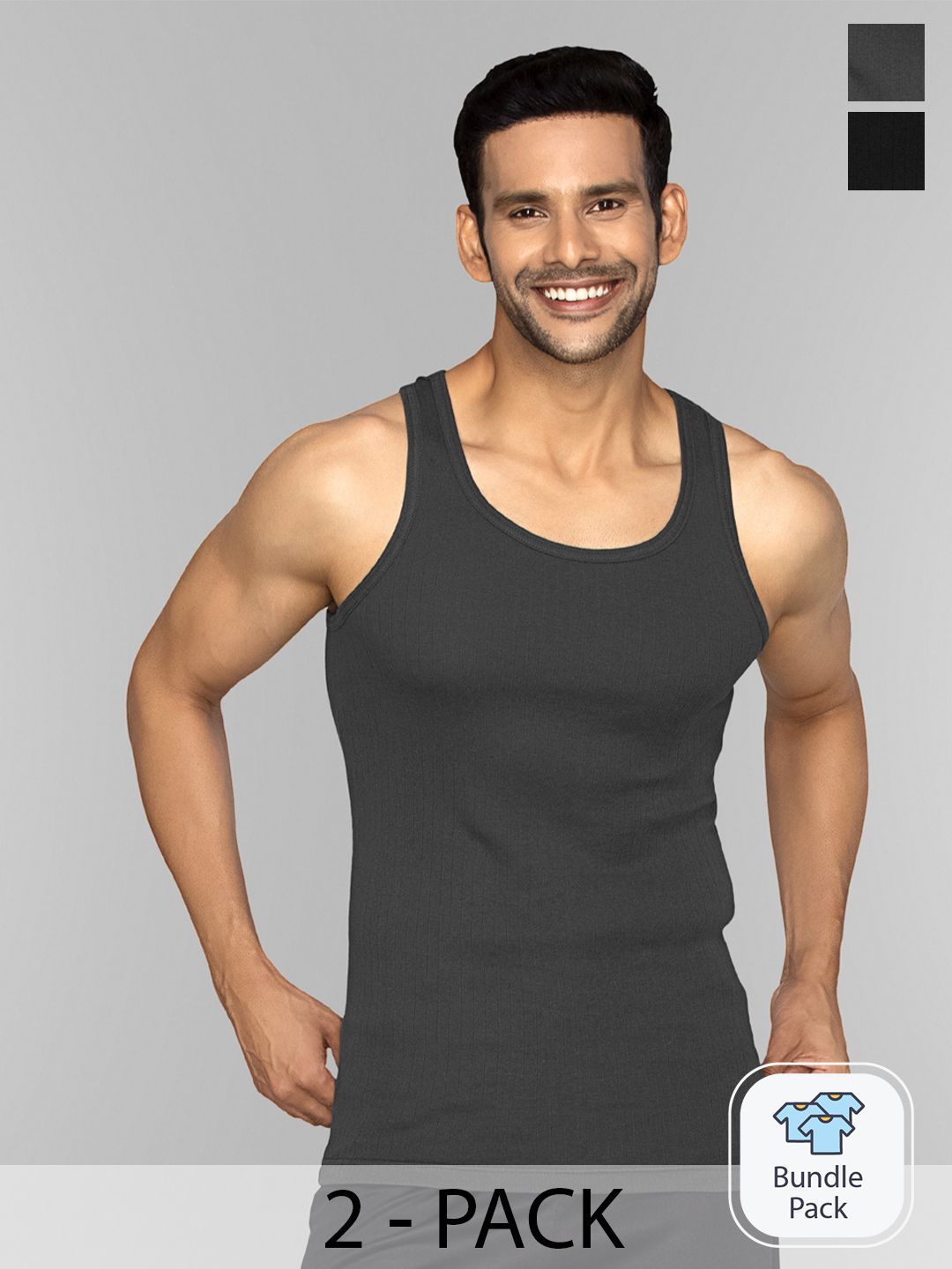 XYXX Men Pack Of 2 Black & Charcoal Ribbed Innerwear Vests-picture-10