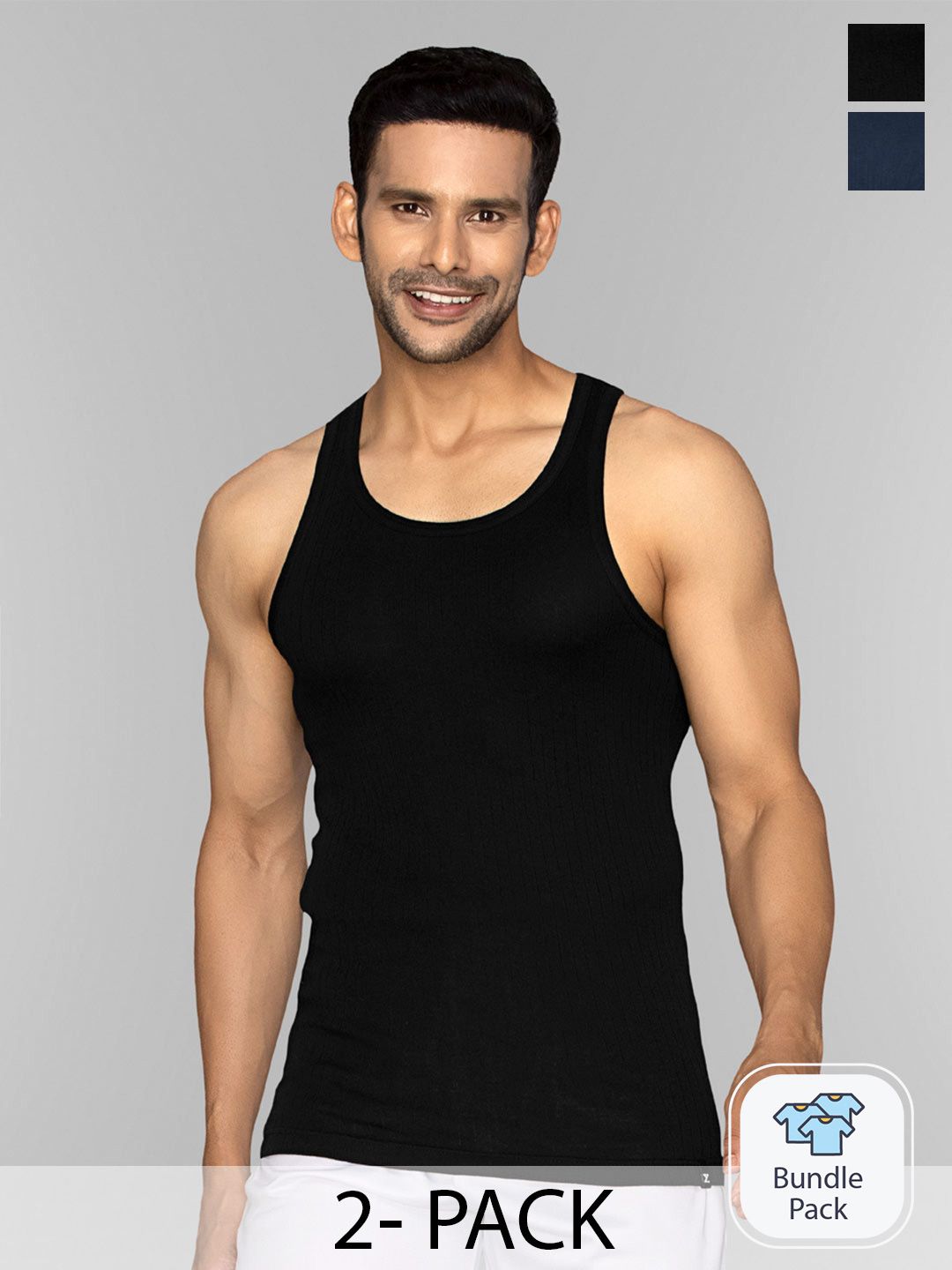XYXX Men Pack Of 2 Black & Navy Blue Solid Ribbed Innerwear Vests-picture-32