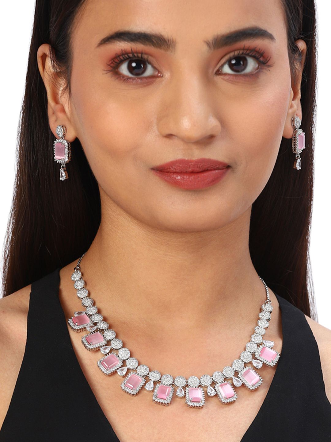 Voylla Rose Gold Plated American Diamond CZ Necklace Set with Pink Stone (Onesize) by Myntra