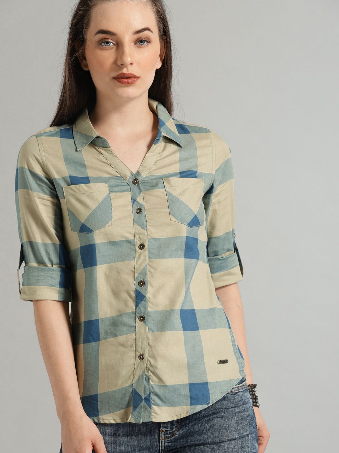 Roadster Women Olive Green & Blue Slim Fit Checked Casual Shirt