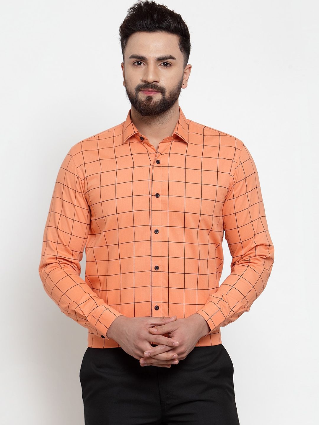 JAINISH Men Orange Standard Windowpane Checks Formal Shirt-image-16