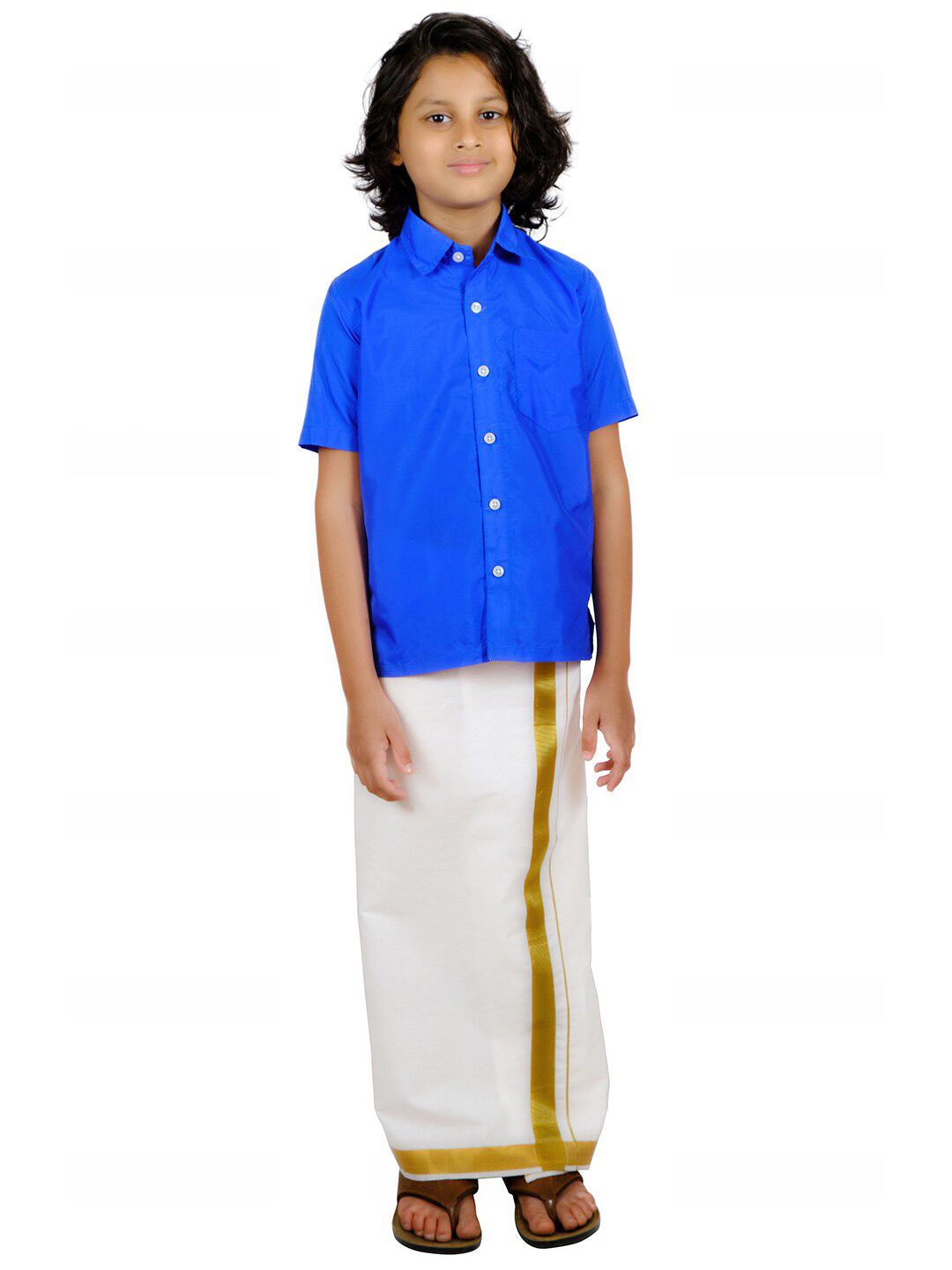 Sethukrishna Boys Blue & White Solid Shirt with Dhoti Set