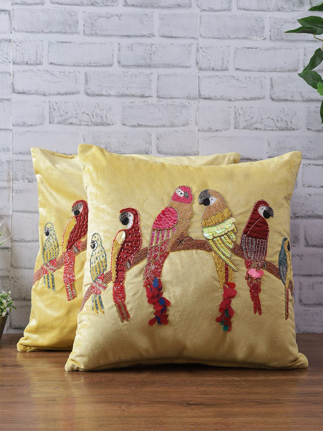 eyda Yellow & Red Set of 2 Embellished Velvet Square Cushion Covers-picture-42