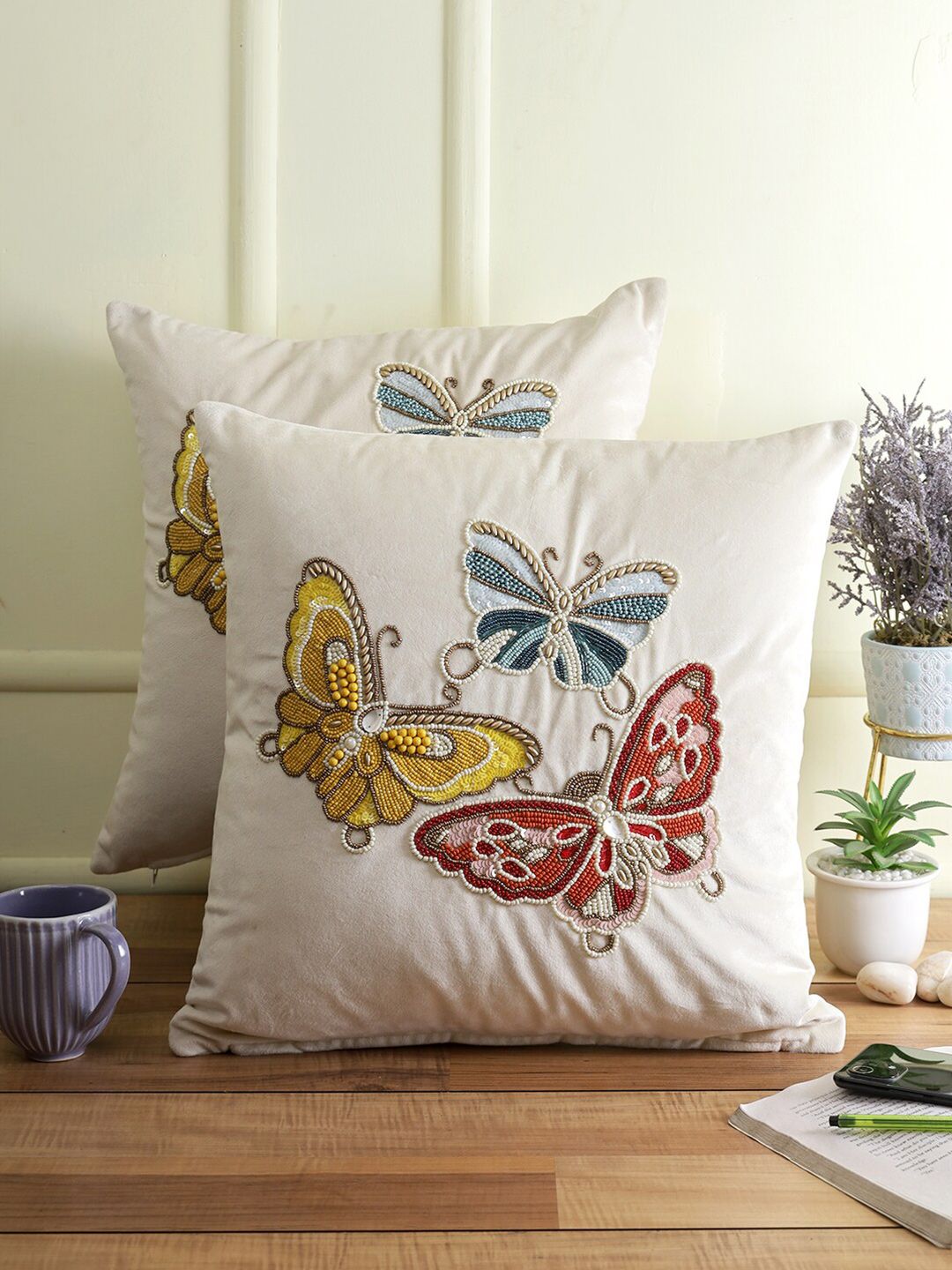 eyda White & Yellow Set of 2 Embellished Velvet Square Cushion Covers-image-42