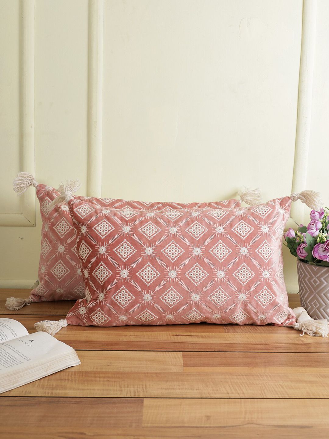 eyda Pink & White Set of 2 Embroidered Velvet Rectangle Cushion Covers-picture-28