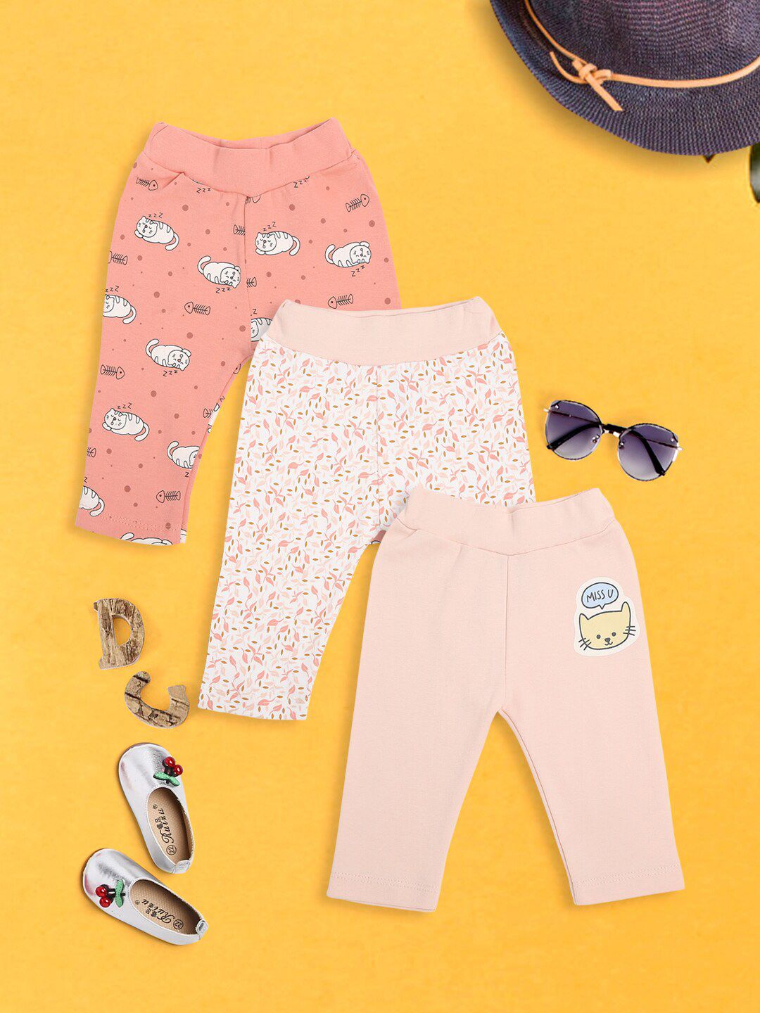 MeeMee Infant Girls White & Pink Pack Of 3 Printed Comfort-Fit Ankle-Length Leggings-picture-22