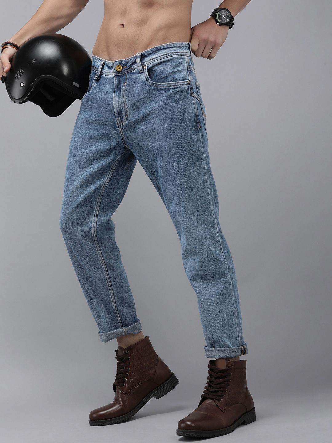 Men's Navy Blue Comfort Straight Fit Low-Rise Light Fade Acid Wash Stretchable Jeans