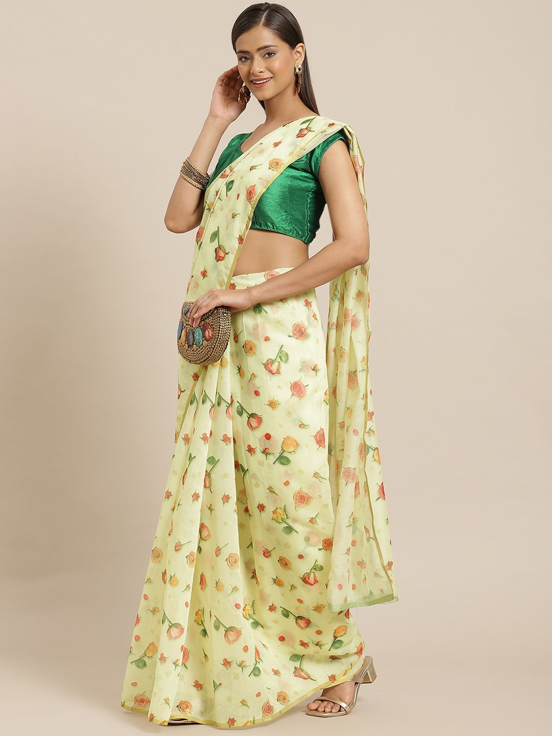 Silk Land Yellow & Pink Floral Zari Organza Chanderi Saree-image-18