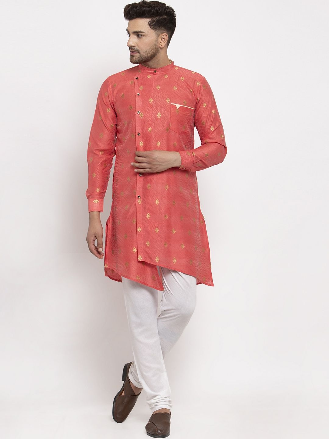 KLOTTHE Men Red Ethnic Motifs Woven Design Asymmetric Kurta-picture-37