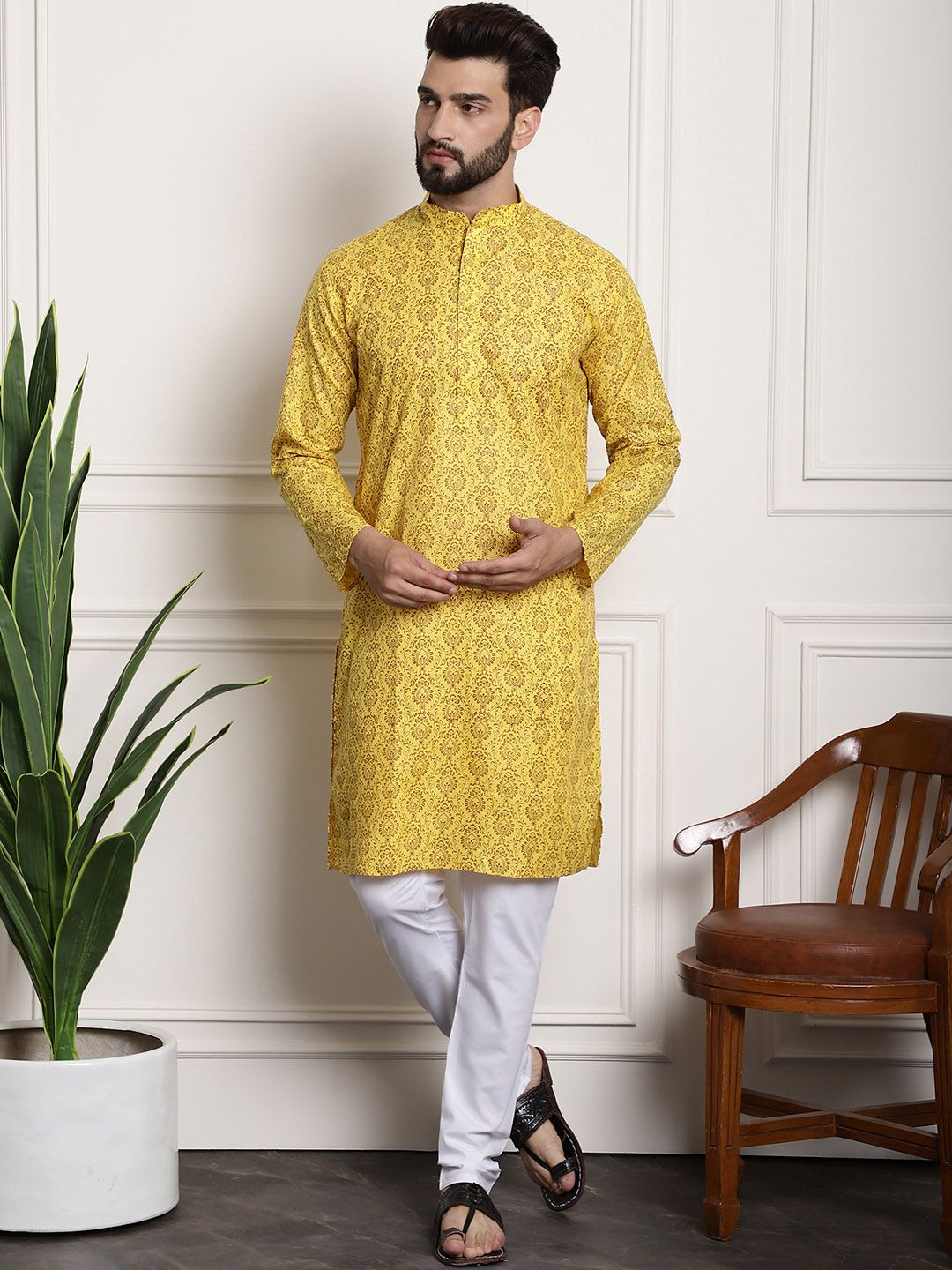 SOJANYA Men Mustard Yellow Ethnic Motifs Printed Cotton Linen Kurta ...