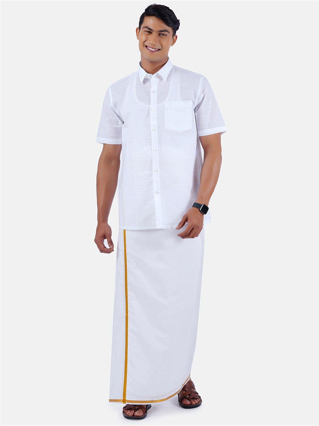 Ramraj Men Pure Cotton Solid Shirt with gold border Dhoti-picture-27