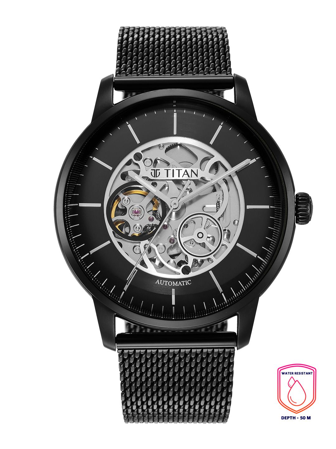 Titan Men Black Skeleton Dial & Stainless Steel Bracelet Style Straps Analogue Watch 90110NM01-picture-31